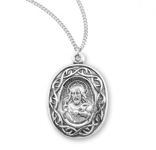 Sterling Silver Oval "Crown of Thorns" Scapular Medal - 18" Chain