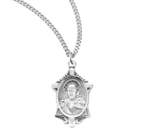 Sterling Silver Sacred Heart of Jesus Scapular Medal - 18" Chain