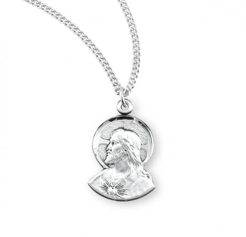Sterling Silver Small Sacred Heart of Jesus Profile Pendant - 18" Chain