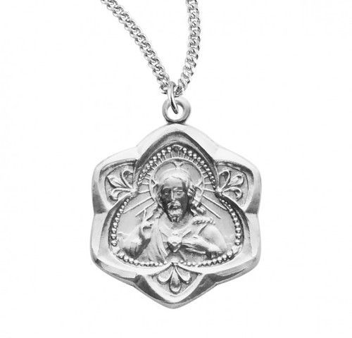 Sterling Silver Sacred Heart of Jesus Quatrefoil Medal - 18" Chain