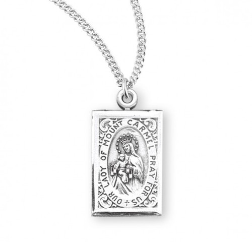 Sterling Silver Square Scapular and Our Lady of Mt. Carmel Double Sided Pendant - 18" Chain