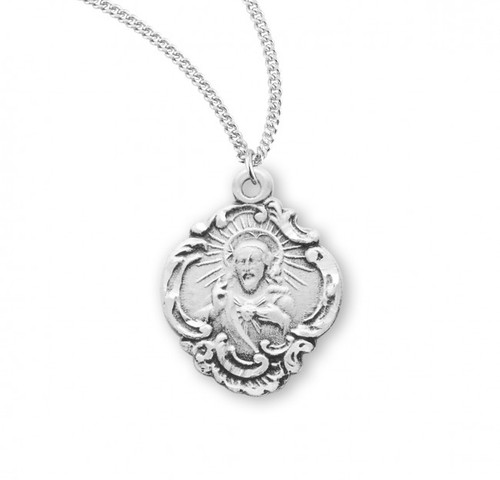 Sterling Silver Scalloped Sacred Heart of Jesus Medal - 18" Chain