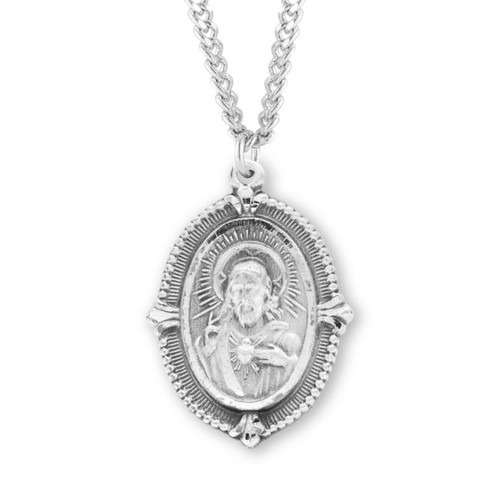Sterling Silver Beaded-Edge Sacred Heart of Jesus Pendant - 24" Chain