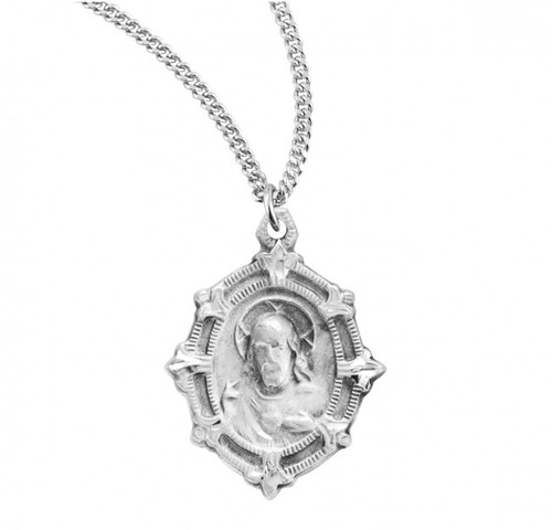 Sterling Silver Small Fancy Sacred Heart of Jesus Medal - 18" Chain