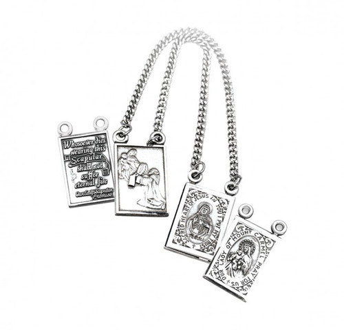 Sterling Silver Two Piece Double Sided Scapular Medals - 30" Endless Chain
