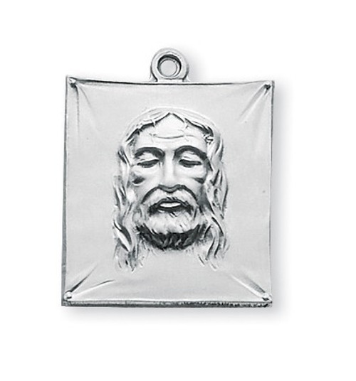 15/16 Inch Sterling Silver Shroud of Turin Medal with a genuine rhodium 24 Inch Chain in a deluxe velour gift box.