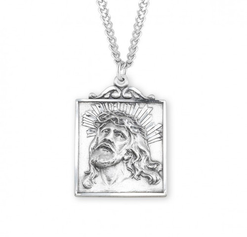 Sterling Silver Square Head of Christ Pendant - 24" Chain