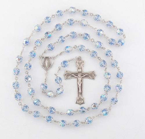 8MM Light Sapphire Swarovski Capped Crystal Sterling Silver Rosary