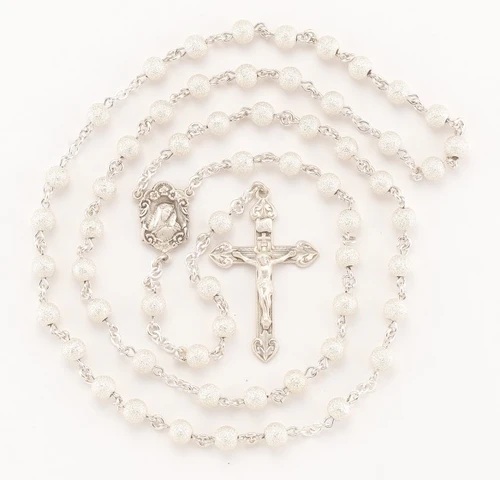 Round Frosted Sterling Silver Beads with Flowered Our Lady of Sorrows Center