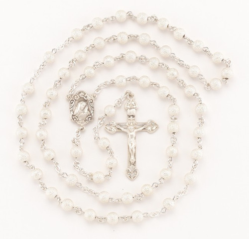 Round Frosted Sterling Silver Beads with Flowered Our Lady of Sorrows Center