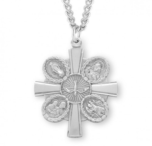 Sterling Silver 4-Way Cross with Holy Spirit Center - 24" Chain