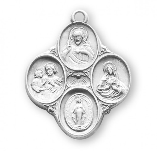 Sterling silver Four-way combination Medal ~ Miraculous-Scapular-Saint Christopher-Saint Joseph medals.  24" genuine rhodium plated curb endless chain. Dimensions: 1.1" x 0.9" (29mm x 22mm).  Deluxe velvet gift box. Made in USA.