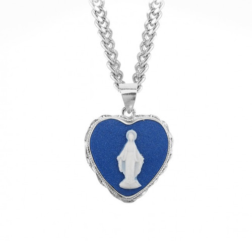Sterling Silver Genuine Heart Shaped Cameo Miraculous Medal - 18" Chain