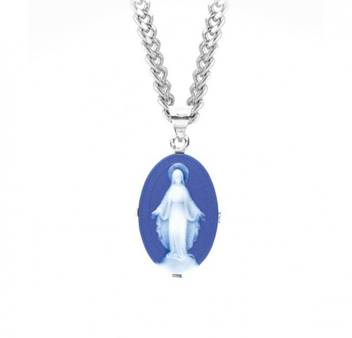 Sterling Silver Genuine Blue Cameo Oval Miraculous Medal - 18" Chain
