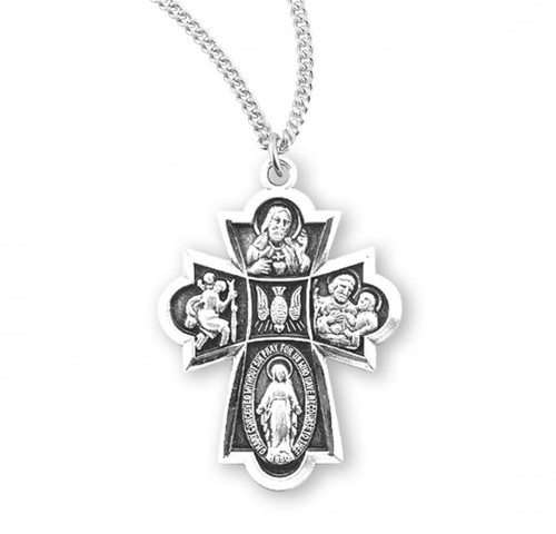 Sterling Silver Four-way combination Medal, Miraculous-Scapular-Saint Christopher-Saint Joseph medals. Solid .925 sterling silver. Dimensions: 0.9" x 0.6" (22mm x 16mm). 18" Genuine rhodium plated curb chain. Deluxe velvet gift box. Made in USA.