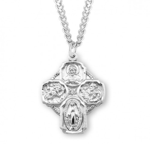 Solid .925 large sterling silver four-way combination Medal, Miraculous-Scapular-Saint Christopher-Saint Joseph medal.  Dimensions:  1.3" x 1.0" (32mm x 25mm).  Weight:  6.3 Grams.  Medal comes on a  24" genuine rhodium plated endless curb chain.  Deluxe velvet gift box. Made in USA