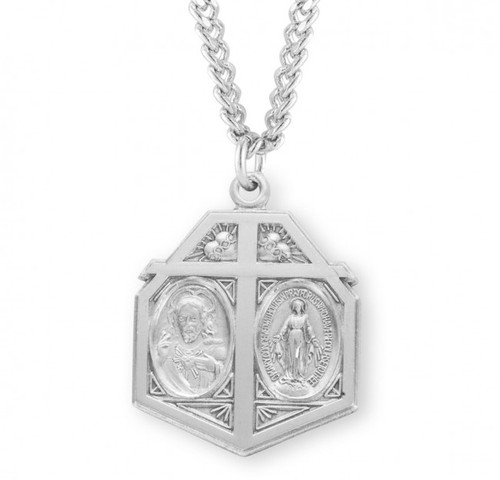 Sterling Silver Double-Sided Sacred Heart of Jesus and Miraculous Medal Pendant - 24" Chain