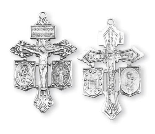 1 3/8" Sterling Silver Pardon Crucifix Combination Medal, Scapular,  Jesus, Mary & St. Joseph Crucifix. Crucifix comes on a 24" genuine rhodium chain in a deluxe velour gift box. Dimensions: 1.4" x 0.9" (35mm x 23mm). Weight of medal: 4.3 Grams. Made in the USA