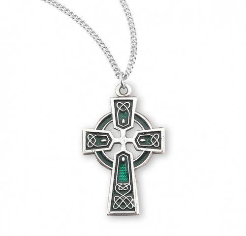 Green Enameled Sterling Silver Celtic Cross Pendant  - 18" Chain