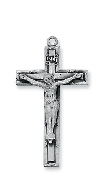 1 1/2" x 3/4" Antique Silver Plated Pewter Crucifix includes an 18 inch rhodium plated chain in a gift box.