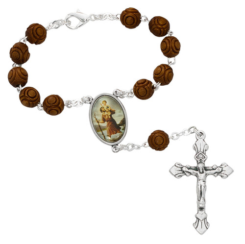 St. Christopher Wood Bead Auto Rosary