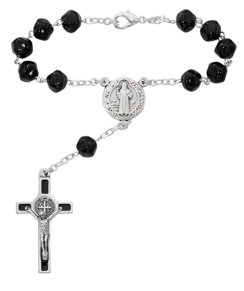 Black Glass Bead St. Benedict Auto Rosary 