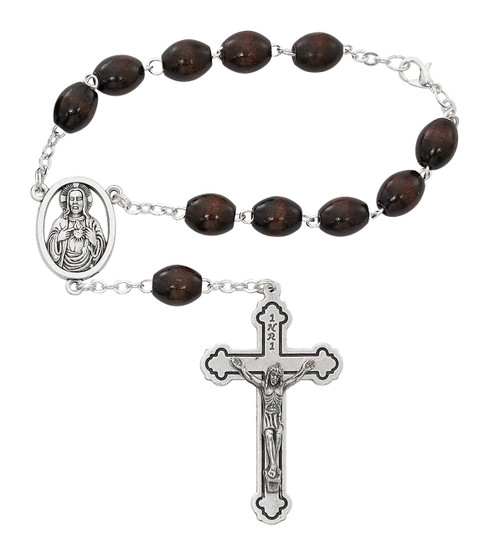 Sacred Heart of Jesus Brown Wood Auto Rosary