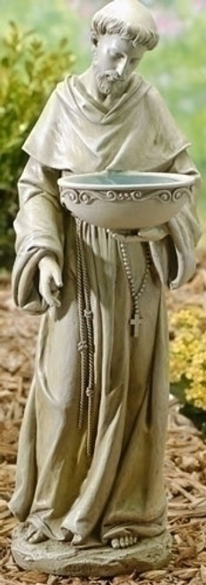 20" Saint Francis Solar Birdbath. Resin/Stone Mix. Dimensions: 20"H x 6.75"W X 7.5"D