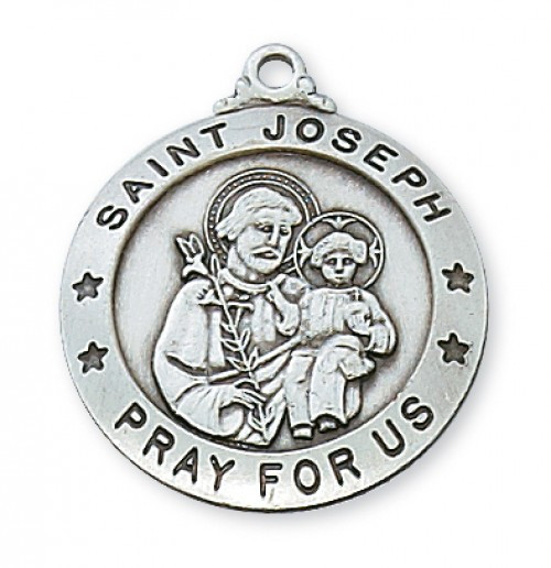 1" x 7/8" Sterling Silver Saint Joseph Medal. St. Joseph is the Patron Saint of Families and Carpenters. St Joseph Medal comes with 24" rhodium plated chain and comes in a deluxe giftbox. Made in the USA.