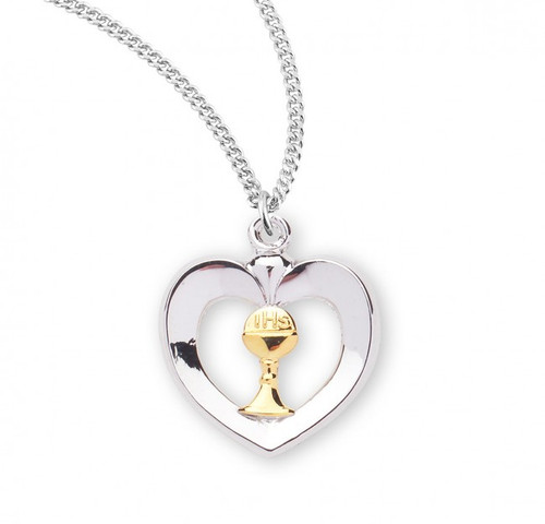 3/4" Sterling Silver or 16K Gold over Sterling Silver Two tone Heart with Chalice. Two tone Heart with Chalice comes on an 18" genuine rhodium or gold plated curb chain. Pendant comes in a  deluxe velour gift box. Dimensions: 0.8" x 0.5" (20mm x 12mm). Made in the USA.