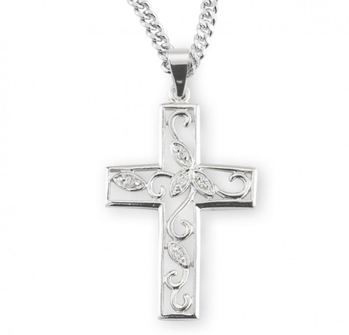 Sterling Silver Fancy Cross with Cubic Zirconia Center - 18" Chain
