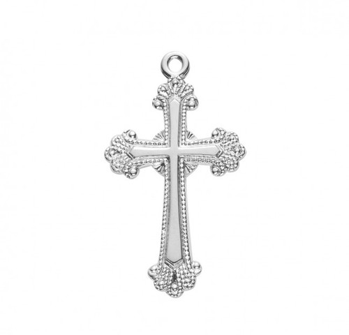 1 1/8" Women's embellished sterling silver, gold over sterling silver, or tutone sterling silver Cross with an 18" genuine rhodium or gold plated chain in a deluxe velour gift box.