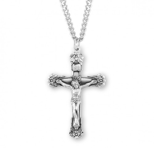 Sterling Silver Floral-Design Crucifix Pendant - 24" Chain