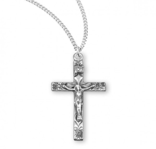 Sterling Silver Floral Engraved Crucifix Pendant - 18" Chain