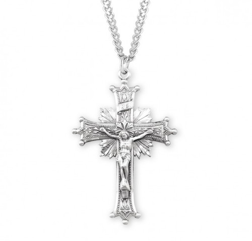 Sterling Silver Sun-Burst Crucifix Pendant - 24" Chain