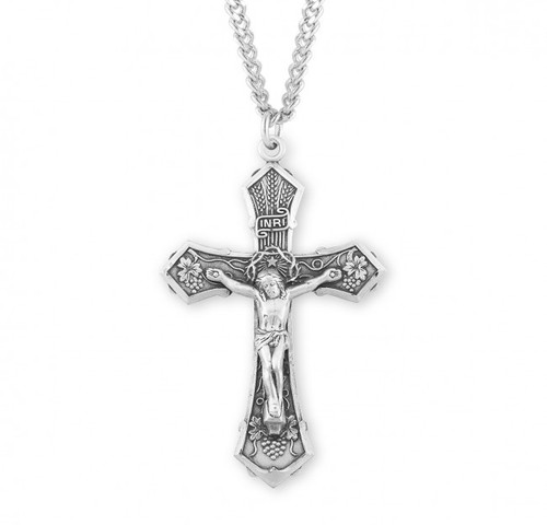 Sterling Silver Grape and Wheat Design Crucifix Pendant - 24" Chain