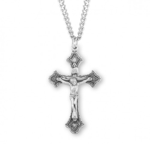 Sterling Silver Crucifix Pendant - 1 7/8" Men's Ornamental Sterling Silver Crucifix Pendant with a 24 inch genuine rhodium plated chain in a deluxe velour gift box.