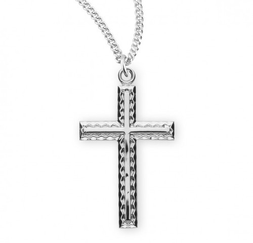 Sterling Silver Fancy Etched Inlay Cross Pendant - 18" Chain