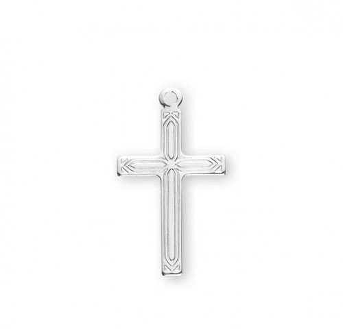 1" Sterling silver engraved cross pendant on an 18" rhodium plated chain in a deluxe velour gift box. Dimensions: 1.0" x 0.6" (26mm x 14mm). Made in USA.