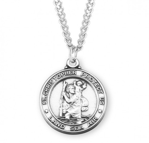 Sterling Silver Round St. Christopher Medal - Land, Sea, Air - 24" Chain