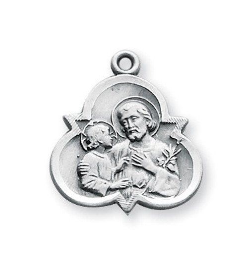 7/8" Saint Joseph trinity symbol medal-pendant. Detail depicts him holding the Infant Jesus. Pendant comes on an 18" Genuine rhodium plated curb chain. Made in USA. Comes in a deluxe velour gift box. 