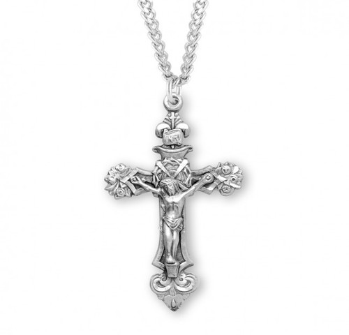 Sterling Silver Large Filigree-Scroll Crucifix Pendant - 24" Chain