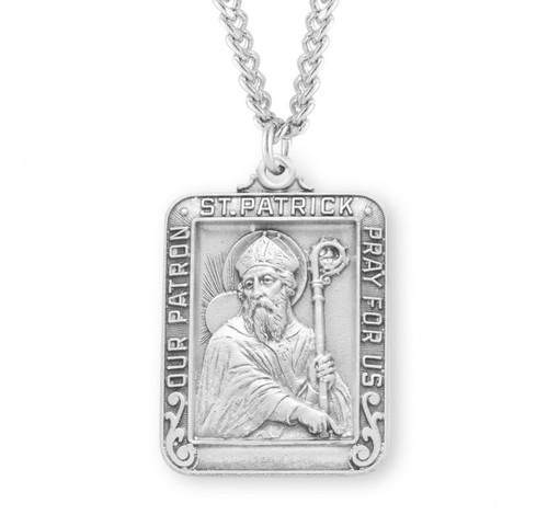 Sterling Silver Large Square St. Patrick Medal - 24" Chain