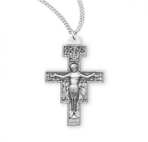 Sterling Silver Large San Damiano Crucifix Pendant - 20" Chain