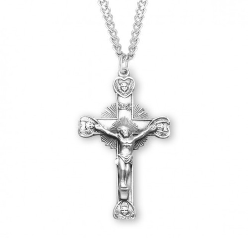Sterling Silver Cherub-Design Crucifix Pendant - 24" Chain