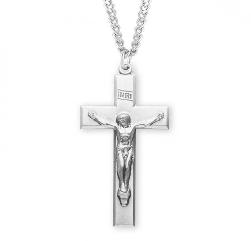 Sterling Silver Beveled-Edge Crucifix Pendant - 24" Chain