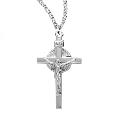 Sterling Silver Sun-Burst Crucifix Pendant - 18" Chain
