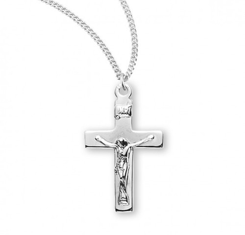 Sterling Silver Crucifix Pendant- 13/16" Sterling silver or 16kt Gold over solid sterling silver basic crucifix. Basix Crucifix comes on an 18" rhodium or gold plated curb chain.  Basic crucifix presents in a deluxe velour gift box. Dimensions: 0.9" x 0.5" (22mm x 13mm). Made in the USA