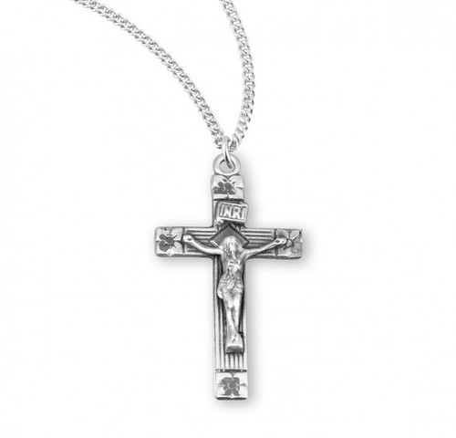 Sterling Silver or Gold-over Sterling Silver Flower-Tipped Crucifix Pendant - 18" Chain