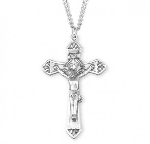 Sterling Silver Sun-Burst Tapered Crucifix Pendant - 24" Chain